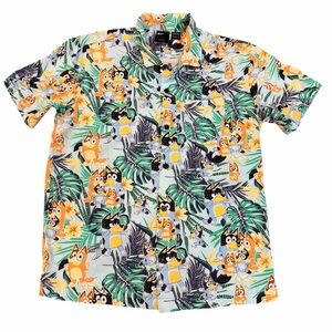 Bluey Tropical Button Front Shirt Men’s Medium 100% Rayon Hawaiian Style
